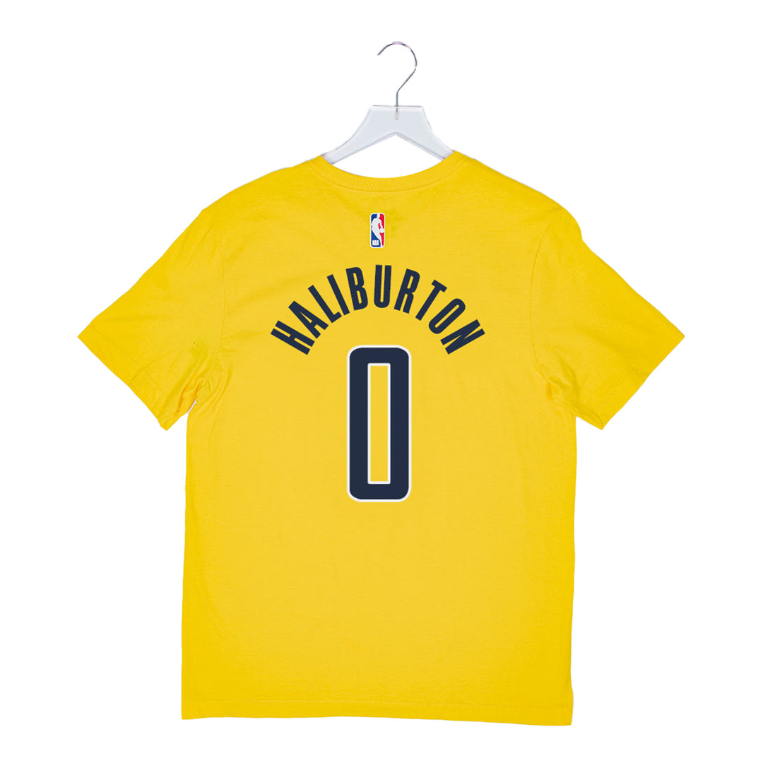 Adult Indiana Pacers #0 Tyrese Haliburton Statement Name and Number T-shirt by Jordan in Gold - Back View