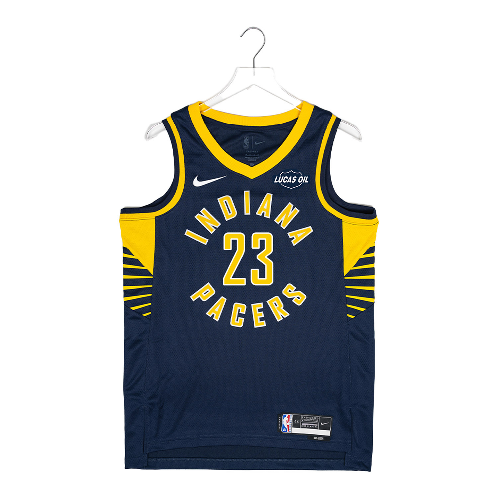 Navy basketball jersey with yellow accents featuring 'Indiana Pacers' and number '23' on a white background.