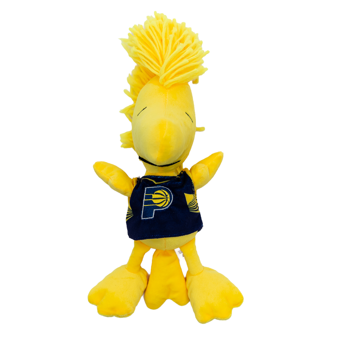 Yellow plush toy with a black shirt featuring a logo on a white background